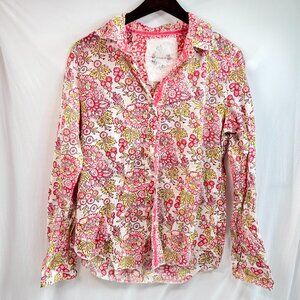 CINO Women’s Floral Button-Up Shirt Medium Pink Yellow 100% Cotton Crinkle Blous